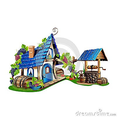 Cartoon house in a village with a stone water well Vector Illustration