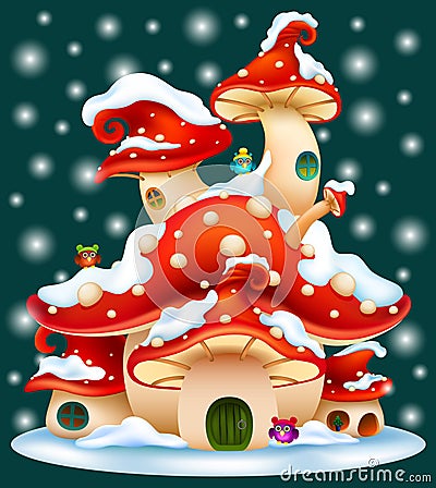 Fairy houses red mushrooms with funny owls in winter Vector Illustration