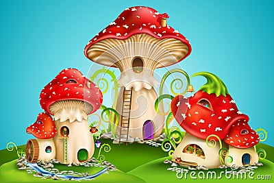 Fairy houses red mushrooms with water mill, golden bell and owls Vector Illustration