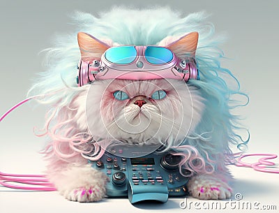 Fairy Kei style persian cat in fashionable design, wearing vr headset Stock Photo