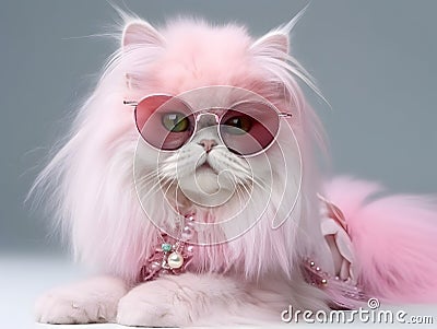 Fairy Kei style ragdoll cat in fashionable design, wearing eyeglasses Stock Photo