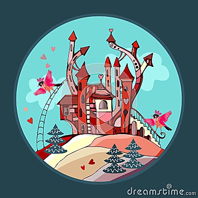 Fairy kingdom, where beautiful pink birds live in magic castle with towers on the hill Vector Illustration