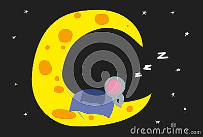 Fairy little mouse is sleeping on moon cheese. Vector Illustration