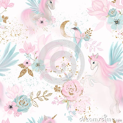 Fairy magical garden. Unicorn seamless pattern, pink, blue, gold flowers, leaves , birds and clouds. Kids room wallpaper Stock Photo