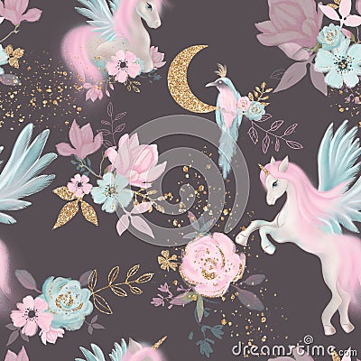 Fairy magical garden. Unicorn seamless pattern, pink, blue, gold flowers, leaves , birds and clouds. Kids room wallpaper Stock Photo