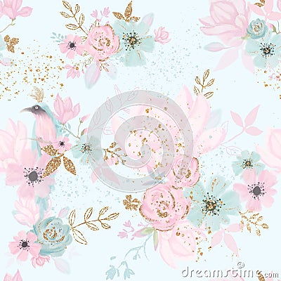 Fairy magical garden. seamless pattern, pink, blue, gold flowers, leaves , birds and clouds. Kids room wallpaper Stock Photo