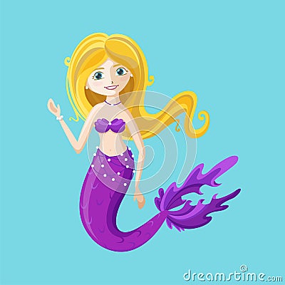 Fairy mermaid with purple tail. Mermaid waving hi. Vector illustration. Vector Illustration