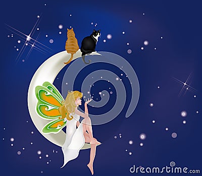 Fairy on moon with cats Vector Illustration