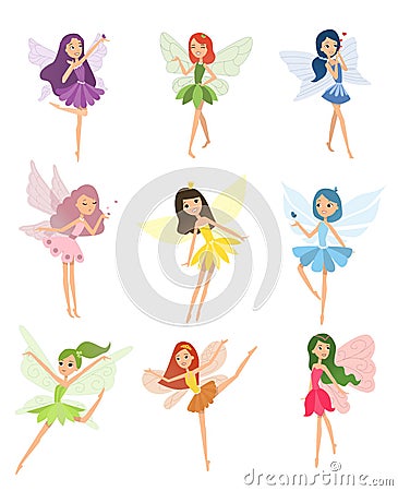 Beautiful fairy dances in her colorful outfits and dresses Vector Illustration