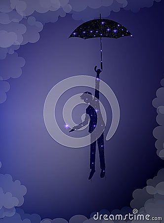 Fairy night comming, put the star on the night sky, shiny silhouette of man with umbrella houlding the star, My Vector Illustration