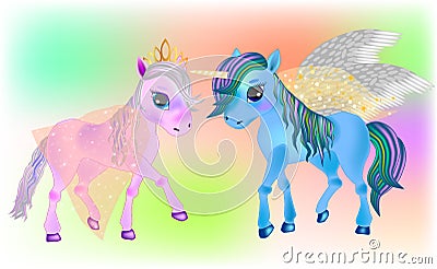 Fairy Pegasus and Beautiful Ponies. Vector Illustration