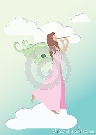 Fairy playing flute on the cloud Vector Illustration