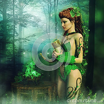 Fairy priestess with a horn Stock Photo
