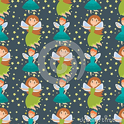 Fairy princess adorable characters seamless pattern background imagination beauty angel girls with wings vector Vector Illustration