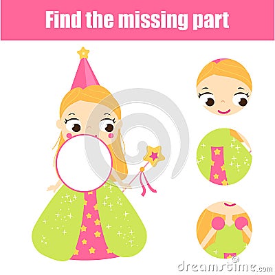 Fairy princess puzzle for toddlers. Find missing part of picture. Educational game for children and kids Vector Illustration