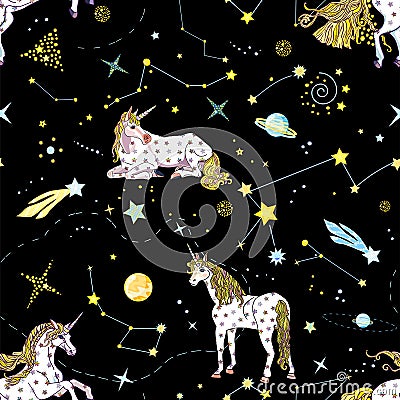 Fairy seamless pattern. Cosmic travel with starry unicorns on black background. Vector illustration for girls and kids Vector Illustration