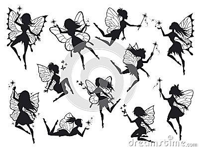 Fairy silhouettes. Magical fairies with wings, mythological winged flying fairytale characters print design outline Vector Illustration