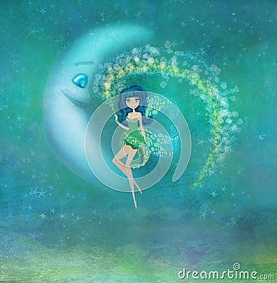 Fairy sitting on the moon Cartoon Illustration