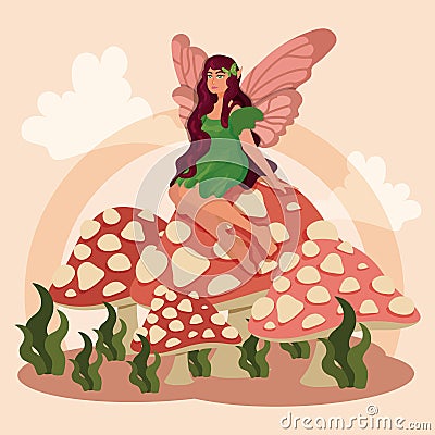 Fairy sitting in mushrooms Fantasy character Vector Vector Illustration