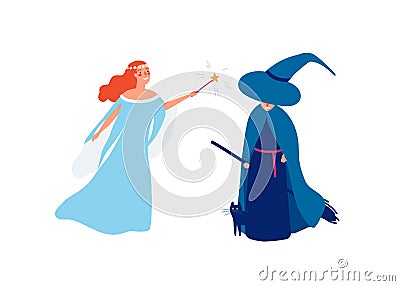 Fairy and sorceress flat vector illustration. Young smiling girl with magic stick and angry witch cartoon characters Vector Illustration
