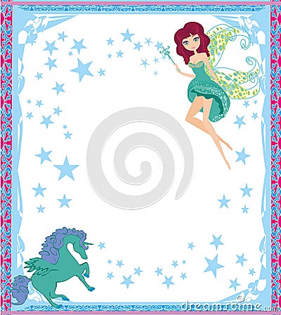 Fairy and sweet unicorn frame Vector Illustration