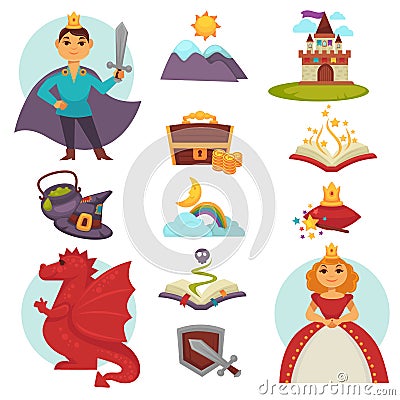 Fairy tail heroes and attributes colorful collection on white Vector Illustration