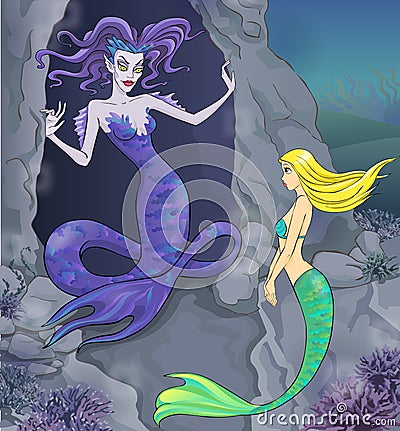 Fairy tale 6. Mermaid and witch. Cartoon Illustration