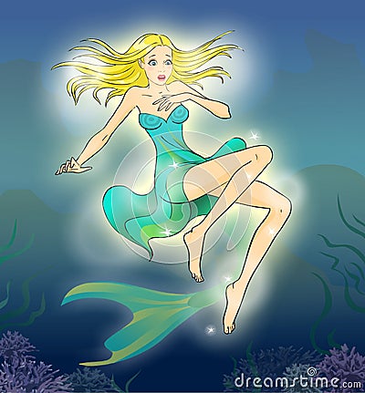Fairy tale 7. Mermaid suprized by her legs. Cartoon Illustration