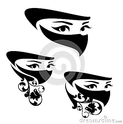 Fairy tale arabian beauty with rose flower wearing head covering scarf black and white vector outline Vector Illustration