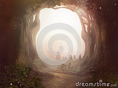 Fairy tale background trees forrest sun dust landscape Stock Photo