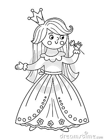 Fairy tale black and white vector princess smelling flower. Fantasy line girl in crown. Medieval fairytale maid coloring page. Vector Illustration