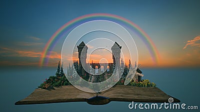 Fairy tale book with rainbow and castle Stock Photo