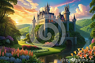 Fairy Tale Castle Bathed in the Golden Glow of Sunset: High Turrets Piercing the Sky, Nestled Atop a Hill Stock Photo