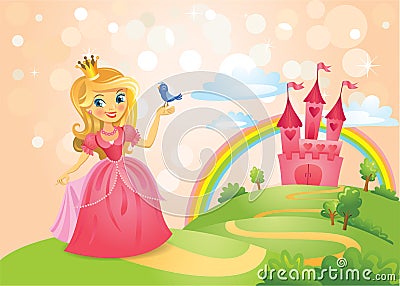 Fairy Tale castle and Beautiful princess Vector Illustration