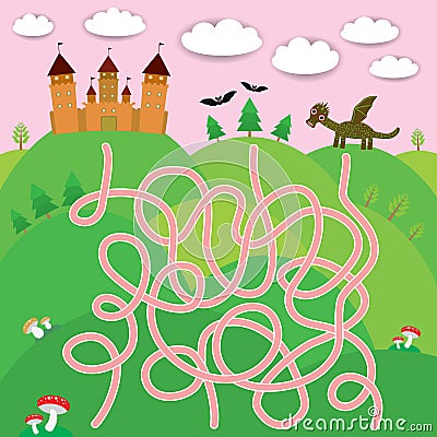 Fairy-tale castle, dragon, bats, forest labyrinth game for Preschool Children. Vector Vector Illustration