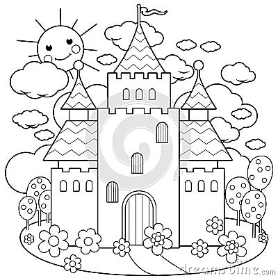 Fairy tale castle and beautiful garden. Vector black and white coloring page. Vector Illustration