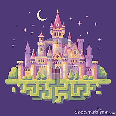 Fairy tale castle night scene flat illustration. Fantasy landscape Vector Illustration