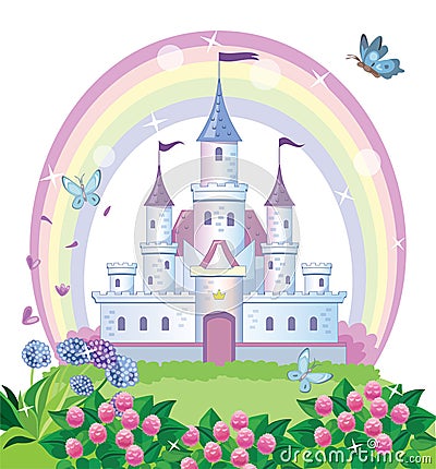 Fairy-tale castle for Princess, magic kingdom. Vintage Palace and beautiful flower meadow with rainbow. Wonderland. Vector. Vector Illustration