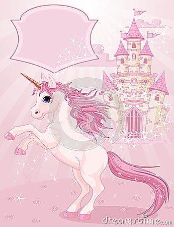 Fairy Tale Castle and Unicorn Vector Illustration
