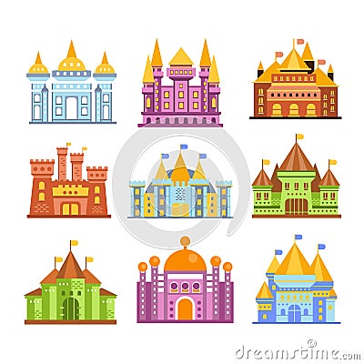 Fairy tale castles and fortresses. Collection of colorful medieval buildings vector Illustrations Vector Illustration