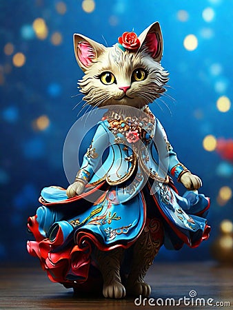 Fairy tale cat in a beautiful embroidered dress on a blue background. Stock Photo