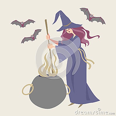 Fairy tale character. Witch brews a potion Vector Illustration