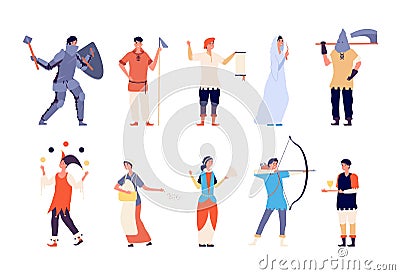 Fairy tale characters. Fairy and knight, court lady and executioner, archer and king, warrior and joker medieval cartoon Vector Illustration