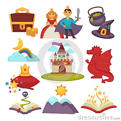 Fairy tale characters and fantastic land isolated objects Vector Illustration