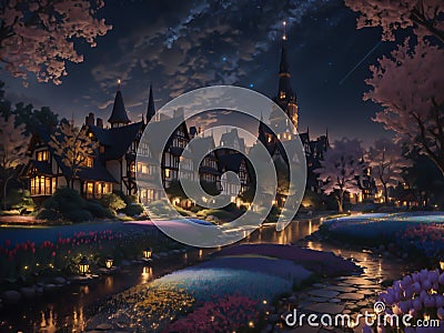 Fairy tale city at night is a magical sight where the tranquil river reflects the twinkling city lights while nearby colorful Stock Photo