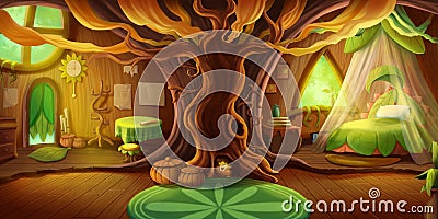 Fairy Tale Cottage Interior. Fiction Children Backdrop. Concept Art Stock Photo