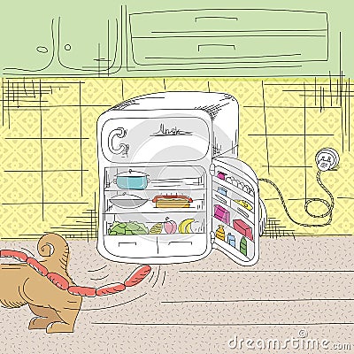 Fairy tale about a dog and refrigerator Vector Illustration