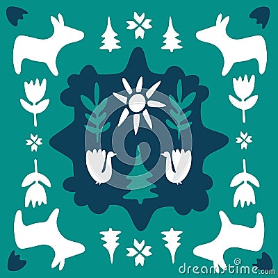 Fairy-tale folk animals. Doodle art square tiles. Traditional geometric shapes in blue, green and white colors. Cliparts elements Stock Photo