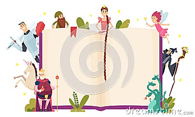 Fairy tale frame. Decorative background with fantasy characters book in cartoon style vector template Vector Illustration