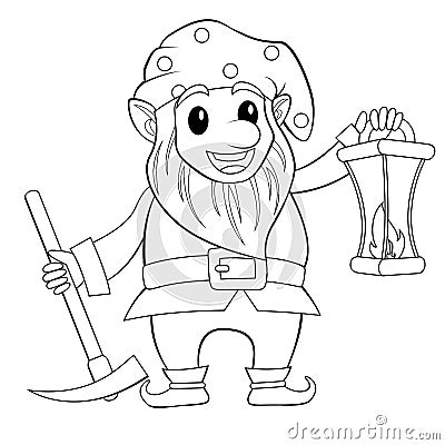 Fairy tale gnome with lamp. Dwarf. Elf. Black and white vector illustration for coloring book Vector Illustration